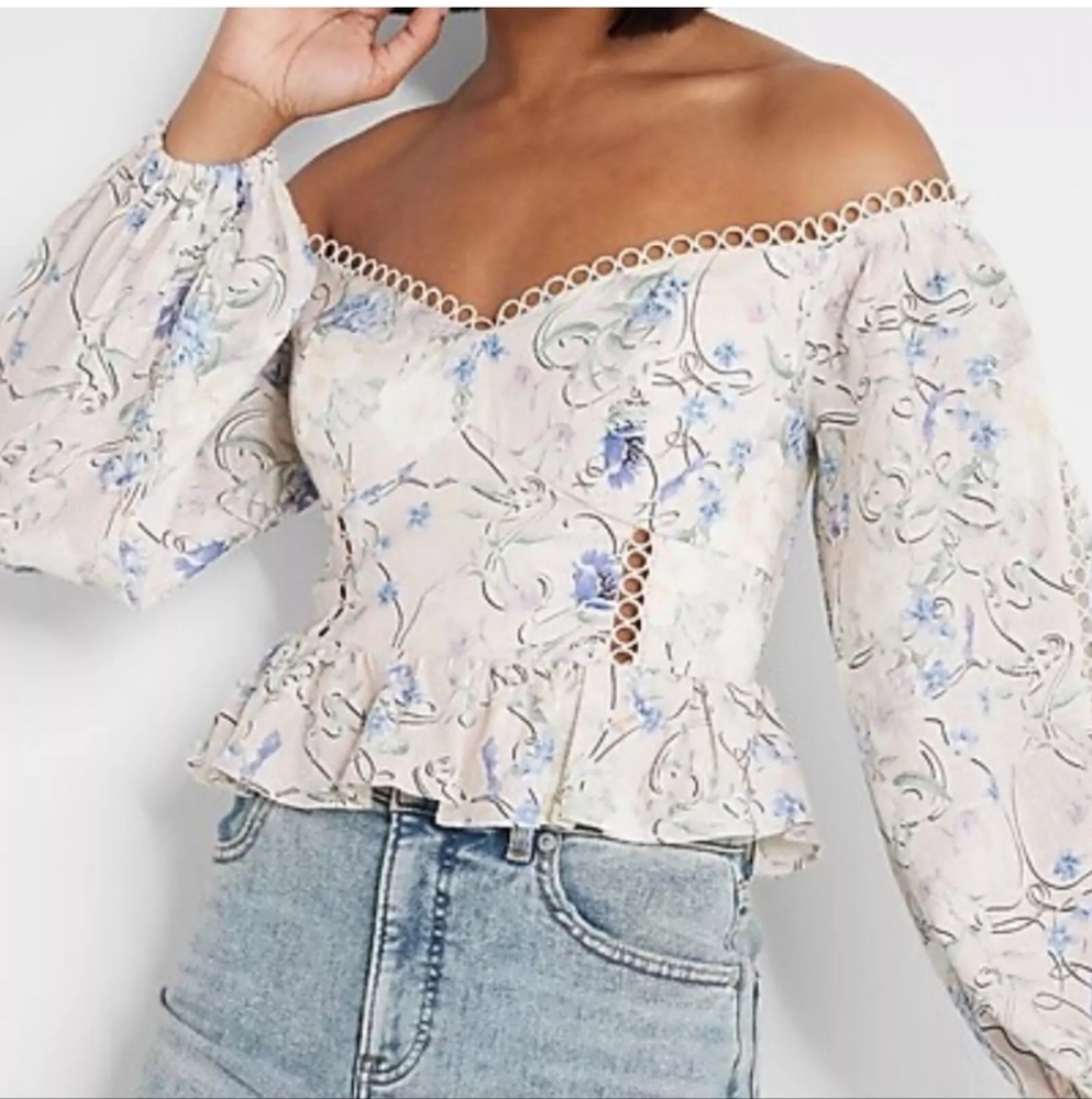 Express Floral Off-Shoulder Blouse - Cream and Blue